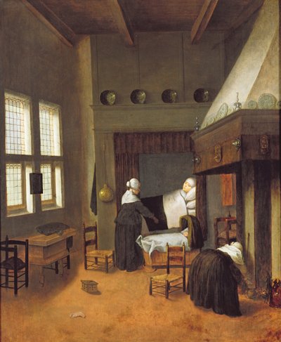 Intérieur de chambre avec mère et nouveau-né - Jacobus Vrel or Frel